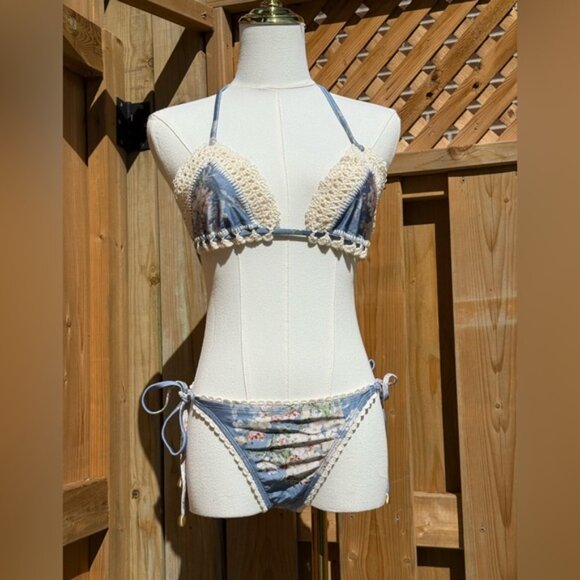 🆕 ZIMMERMANN 🧿 NWT Cascadian Crochet Tri Bikini, Blue Botanical - Sz 3 US6/8 - Picture 10 of 16